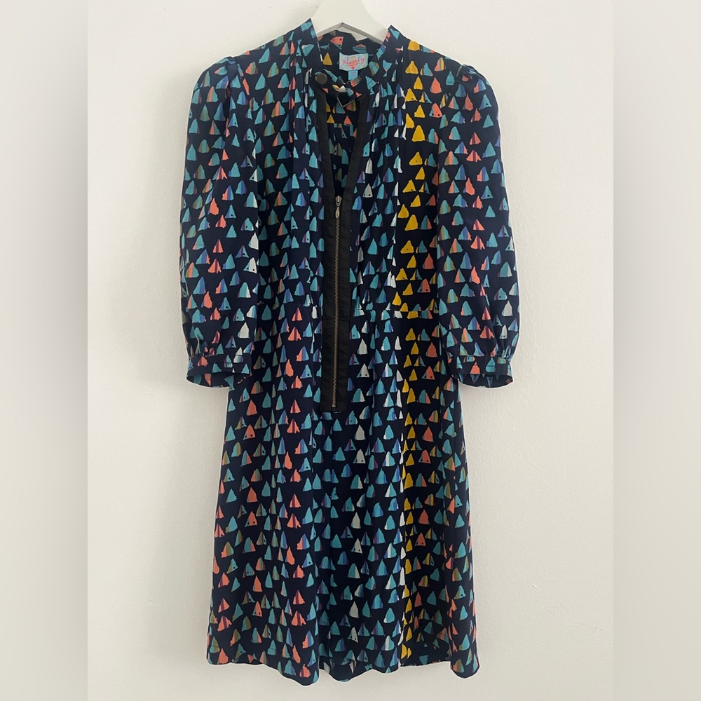 Anthro Plenty by tracy reese Navy Geometric Print dress Sz XS 0-2 Silk Art to we